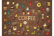 Colorful vector hand drawn Doodle cartoon set of objects and symbols on the coffee time theme