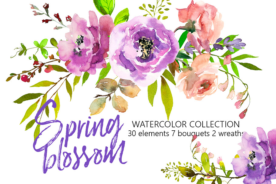 Spring Blossom Watercolor Flowers  in Illustrations - product preview 8