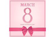 8 March greeting card template with pink bow.
