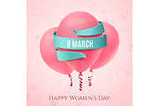 8 March background with three pink balloons.