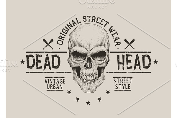 Street style old label with skull for t-shirt