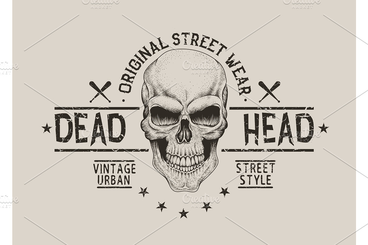 Street style old label with skull for t-shirt in Illustrations - product preview 8