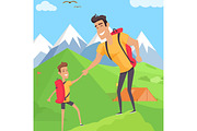 Boy climbing with his father in mountains