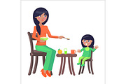 Mother Feeds her Little Daughter, Sitting at Table