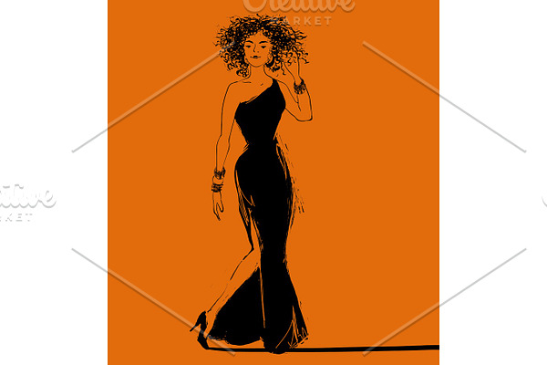 Vector pretty jazz style african woman singer in a long dress.