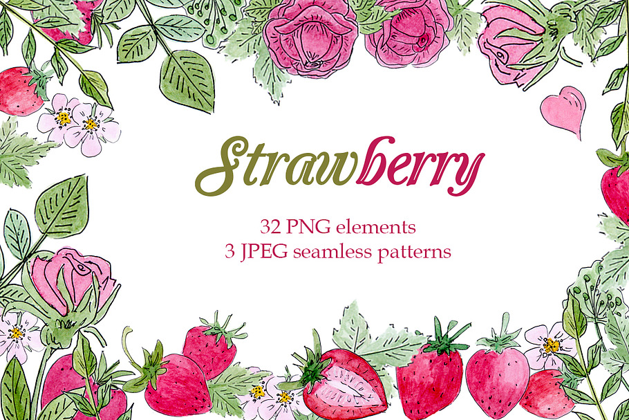 Strawberry floral watercolor set