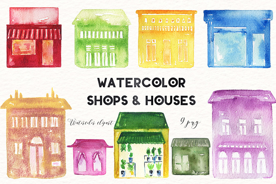 Shops & houses.watercolor clipart