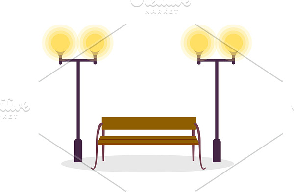 Wooden Standard Bench and Two Street Lamp Isolated
