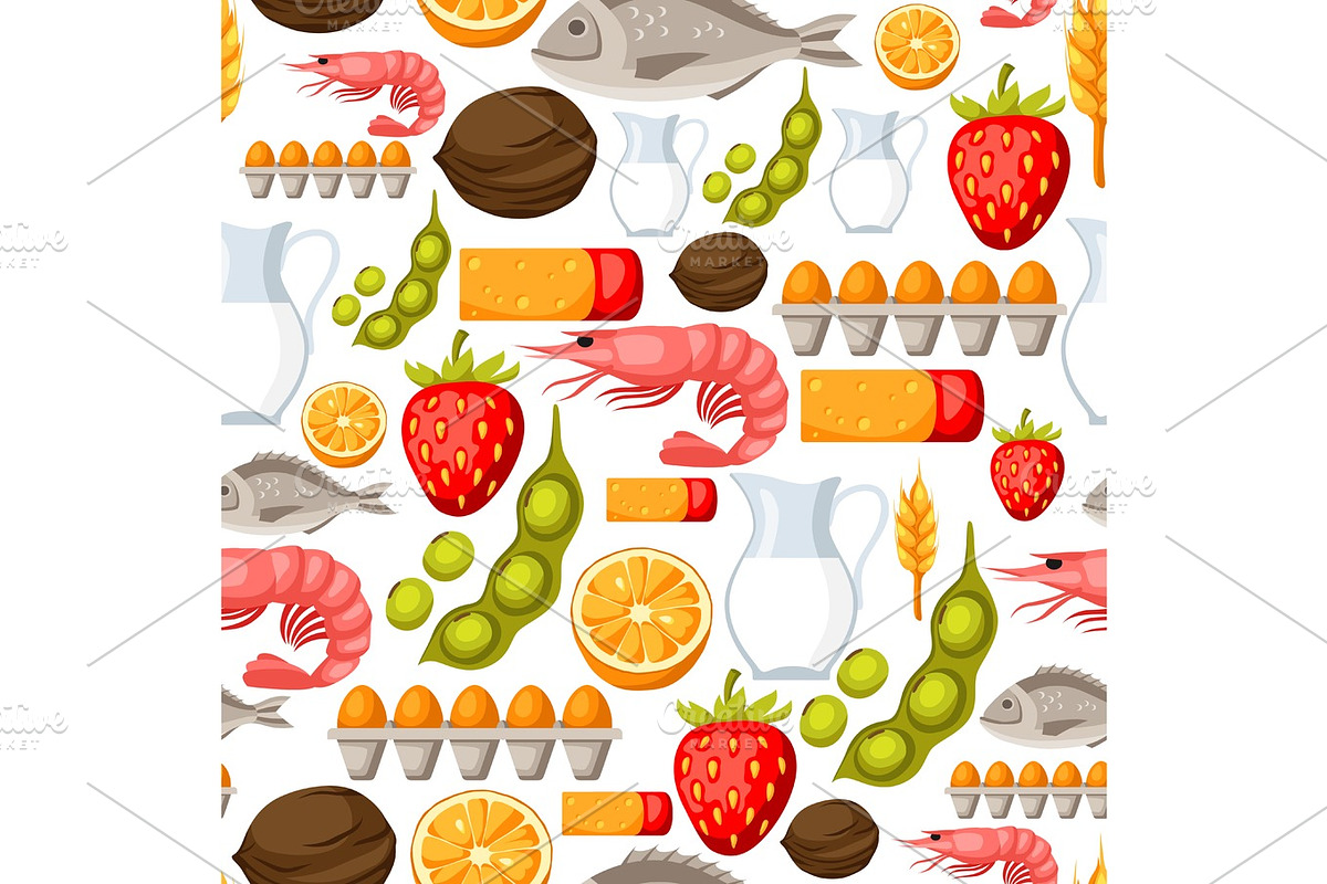 Food allergy seamless pattern with allergens and symbols. Vector illustration for medical websites advertising medications in Patterns - product preview 8