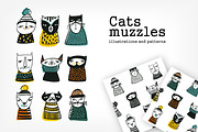 Vector set. Cats muzzles and pattern