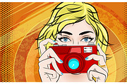 Comic Book Pop Art illustration with Girl. Movie Star with Foto Camera. Photographer or Videographer Vintage Advertising Poster. Fashion Woman with Photo Camera