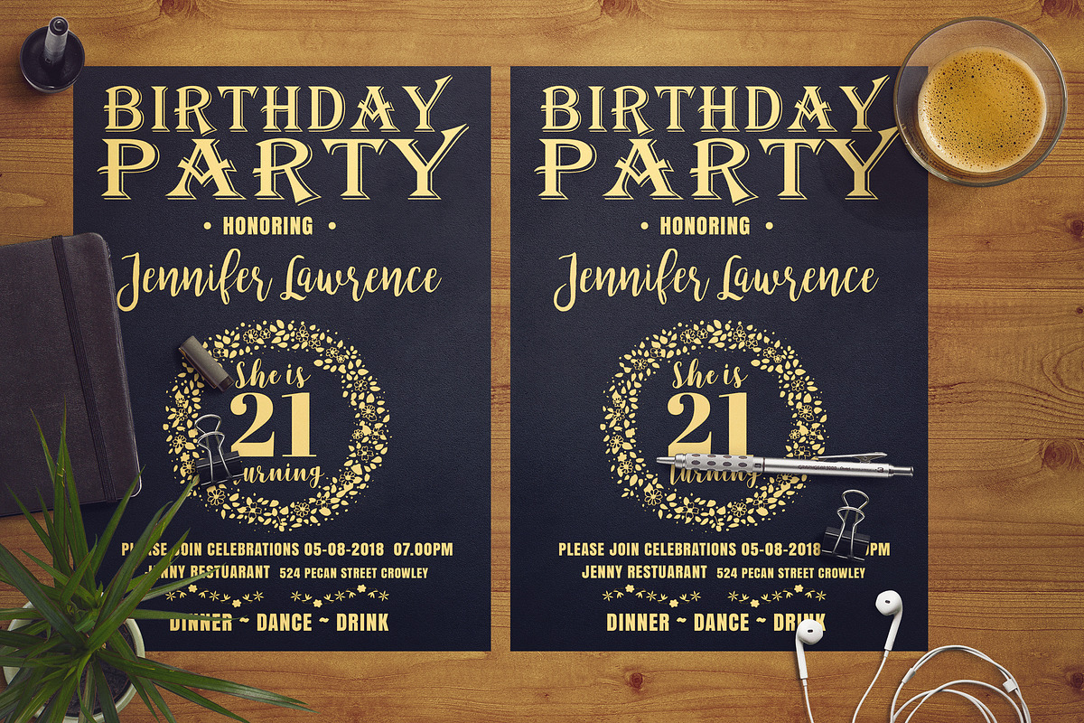 Gold Birthday Party Flyer in Card Templates - product preview 8