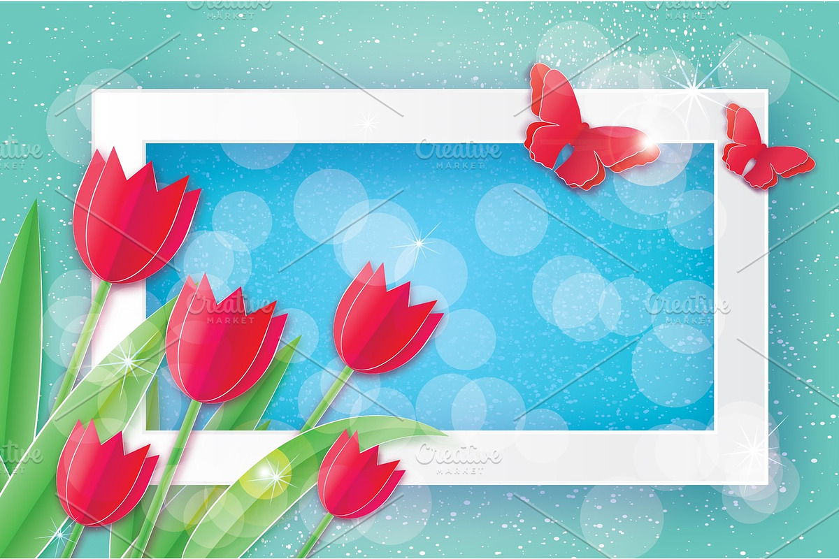 Red Tulips and Butterfly. Paper cut flower. 8 March. Women's Day. in Illustrations - product preview 8