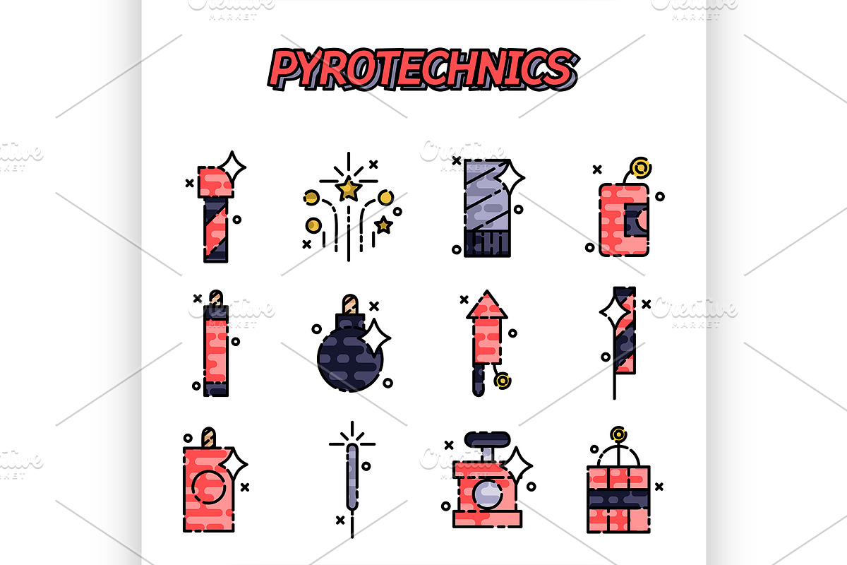 Pyrotechnics flat icons set in Illustrations - product preview 8
