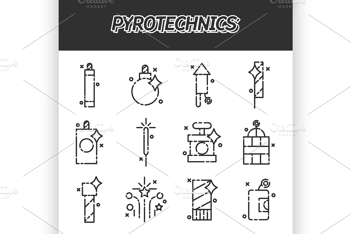 Pyrotechnics flat icons set in Illustrations - product preview 8