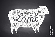 Poster with red lamb silhouette. Lettering