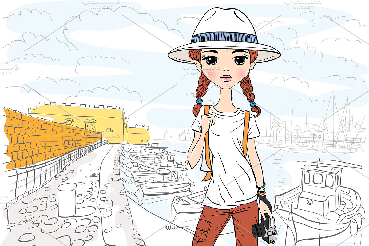  girl traveler with photo camera in port in Illustrations - product preview 8
