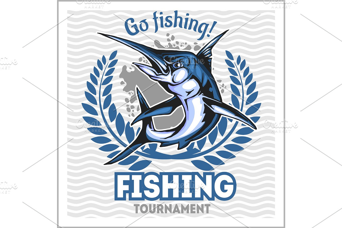 Fishing emblem with blue marlin. Badge and design elements in Illustrations - product preview 8