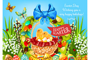 Easter basket with eggs and chickens greeting card