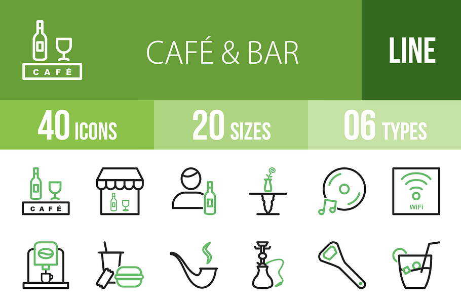 40 Cafe & Bar Line Green&Black Icons
