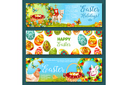 Easter egg and rabbit cartoon banner set design