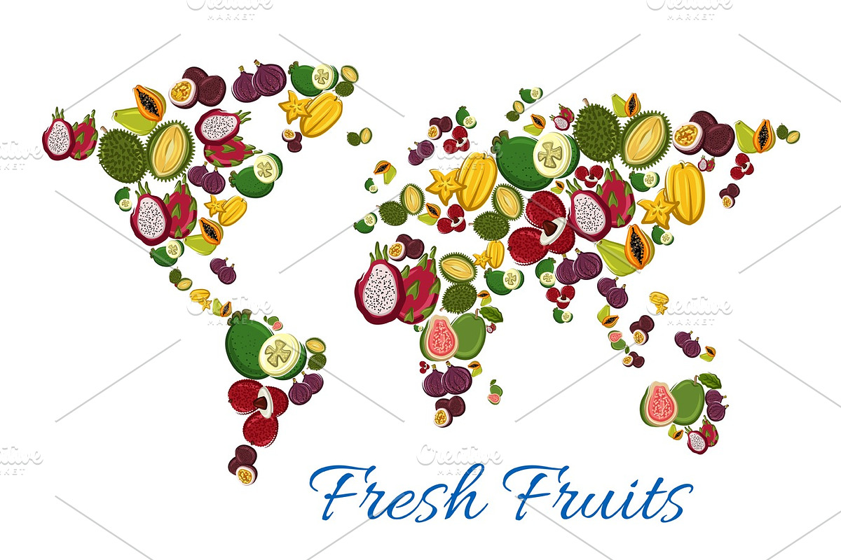 Fresh tropical exotic fruits in shape of world map in Illustrations - product preview 8