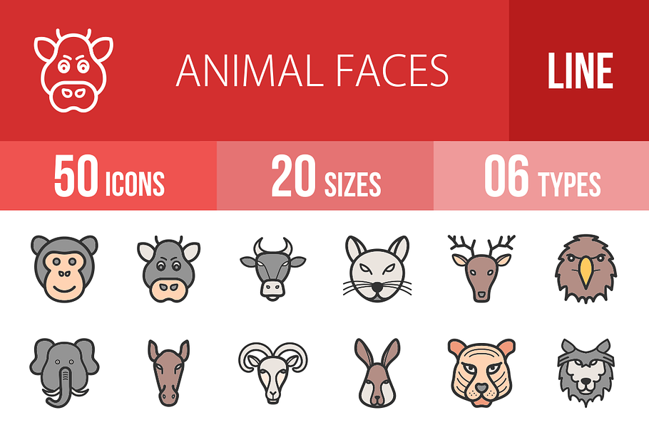 50 Animal Faces Filled Line Icons