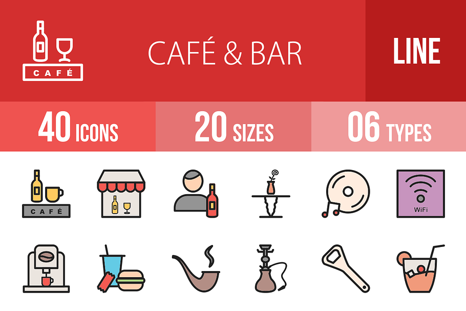 40 Cafe & Bar Filled Line Icons