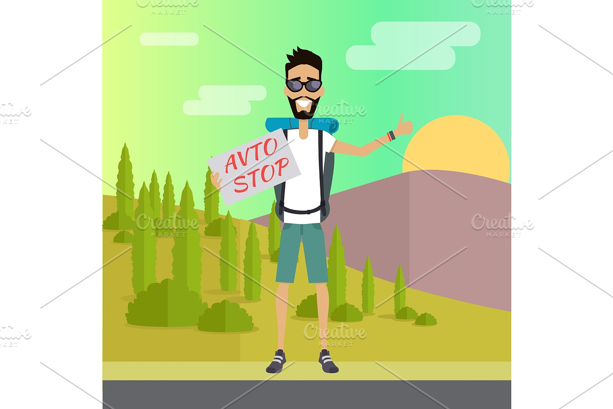 Smiling Young Man Hitchhiking in Illustrations - product preview 8