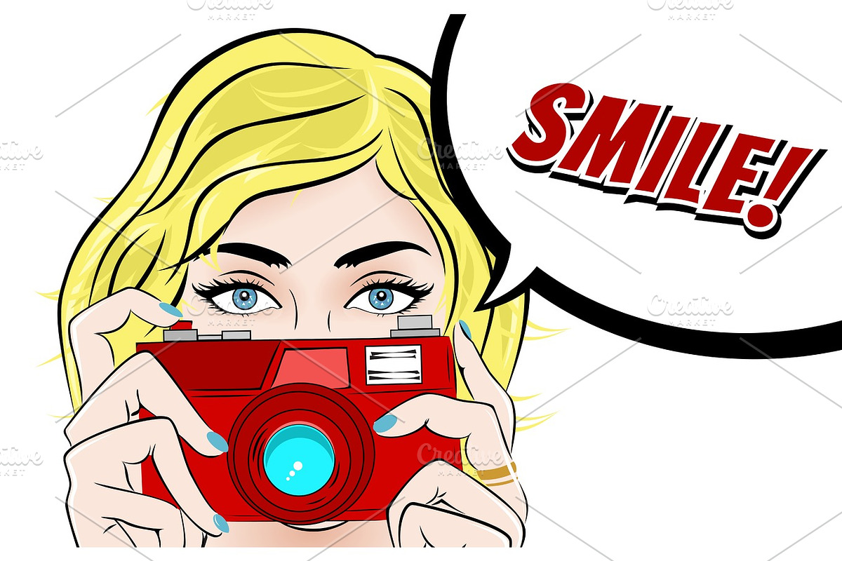 Comic Book Pop Art illustration with Girl. Movie Star with Foto Camera. Photographer or Videographer Vintage Advertising Poster. Fashion Woman with Photo Camera in Illustrations - product preview 8