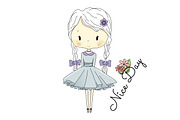 Little Girl Doll with Violet Bows. Vector fairy tail Illustration. Postcard