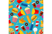 Fast food snacks and drinks seamless background