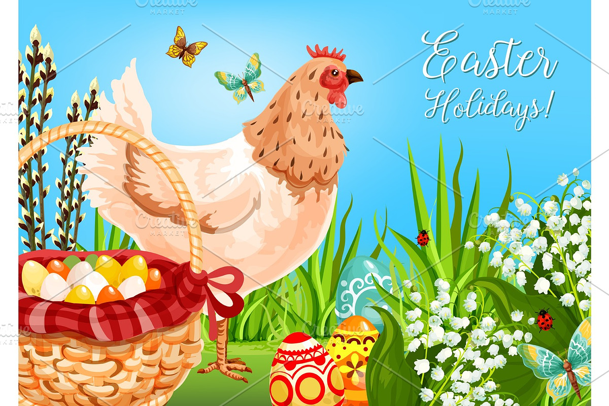 Easter chicken with eggs greeting card design in Illustrations - product preview 8