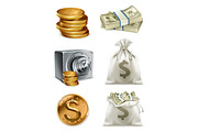 Paper money, gold coin, game icons