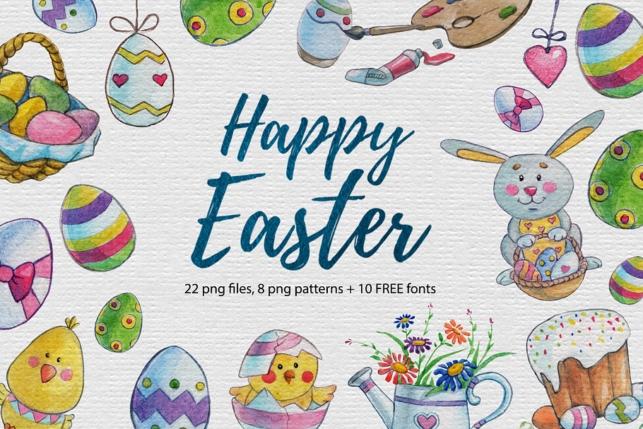 Easter Watercolor set + Free fonts