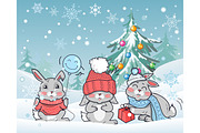 Christmas Rabbits Vector Flat Design Illustration 