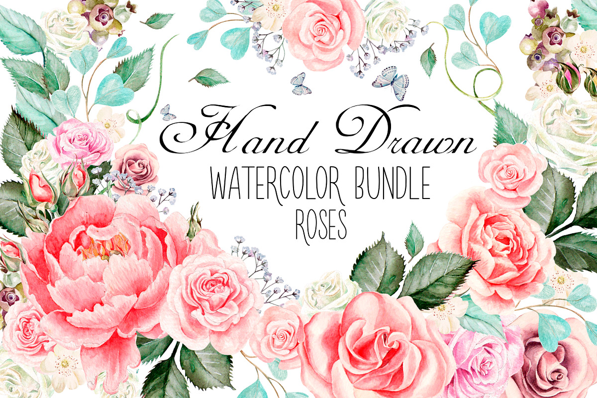 Hand Drawn Watercolor ROSES BUNDLE  in Objects - product preview 8