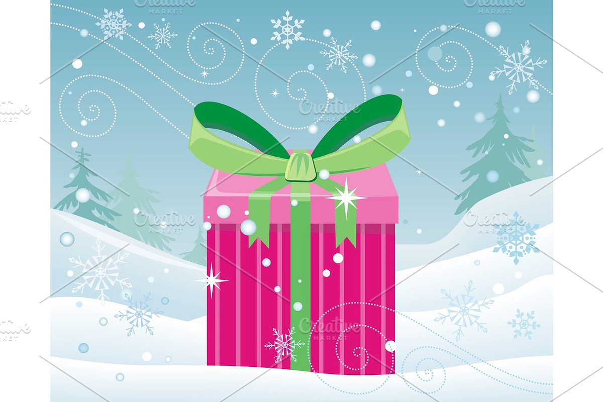 Christmas Pink Gift Box with Bow on Snow Landscape in Objects - product preview 8
