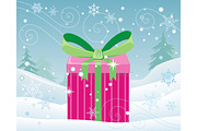 Christmas Pink Gift Box with Bow on Snow Landscape