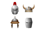 Set of medieval viking, knight, horned, coppergate helmets