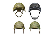 Set of military camouflage helmets in khaki camo colors