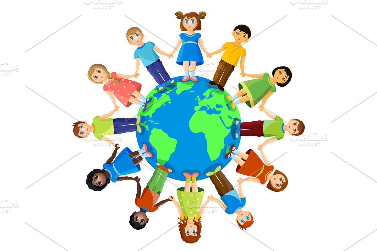 Different children standing around earth planet. Friendship and international relationships in Illustrations - product preview 8