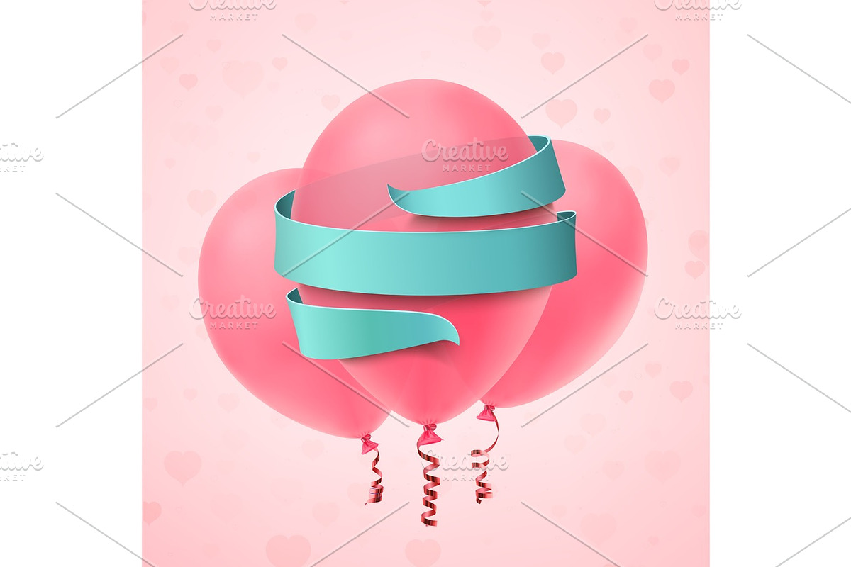 Three pink balloons with blue ribbon on pink background. in Objects - product preview 8