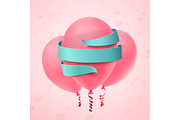 Three pink balloons with blue ribbon on pink background.