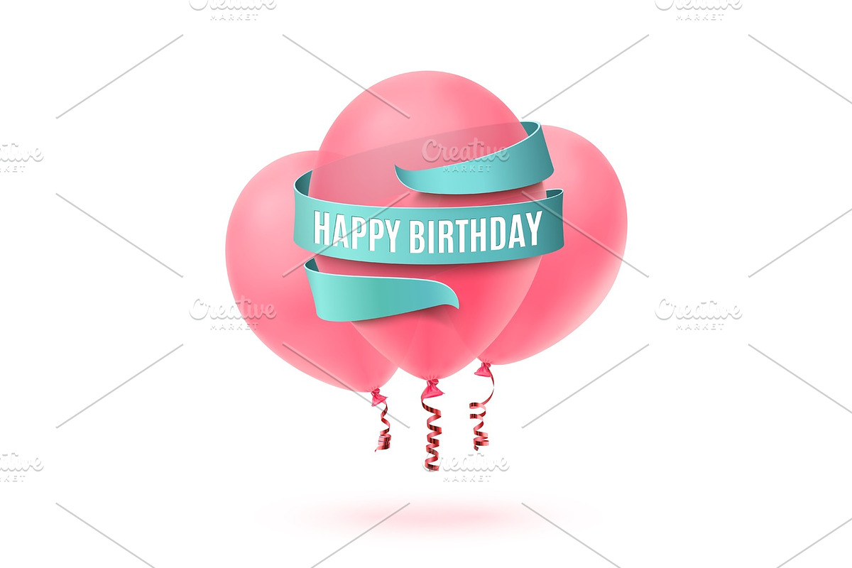Happy Birthday written on blue ribbon with three pink balloons. in Objects - product preview 8