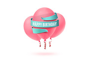 Happy Birthday written on blue ribbon with three pink balloons.