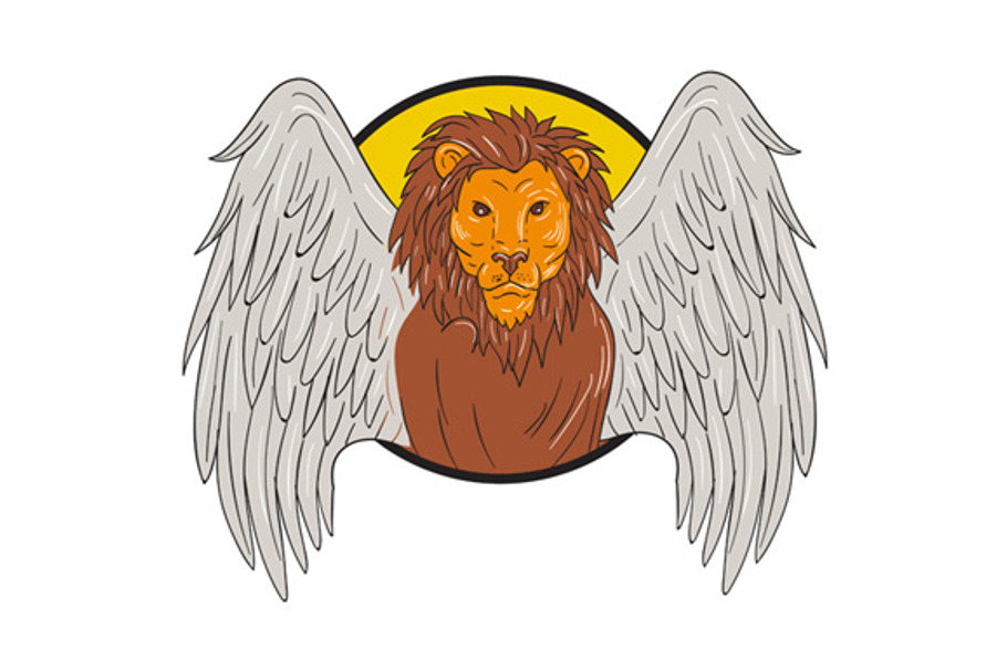 Winged Lion Head Circle Drawing in Illustrations - product preview 8
