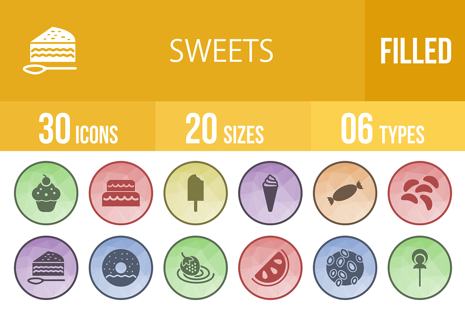 30 Sweets Filled Low Poly B/G Icons