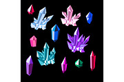 Colorful shiny bright crystals. Red crystal, blue crystal, green crystal, purple crystal, aqamarine crystal, emerald crystal, ruby crystal, tourmaline crystal, quartz crystal, diamond crystal isolated on black