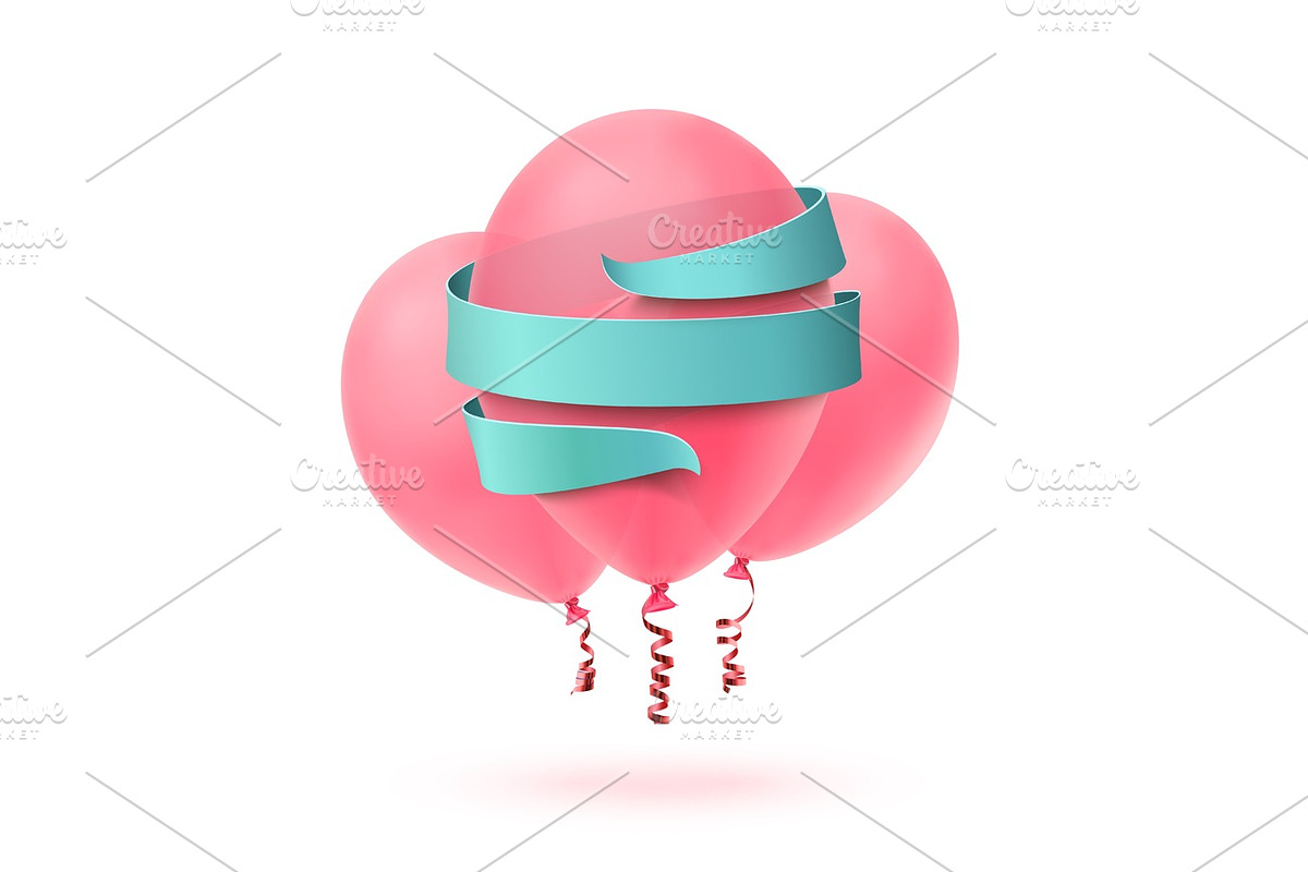 Three pink balloons isolated with blue ribbon on white. in Objects - product preview 8